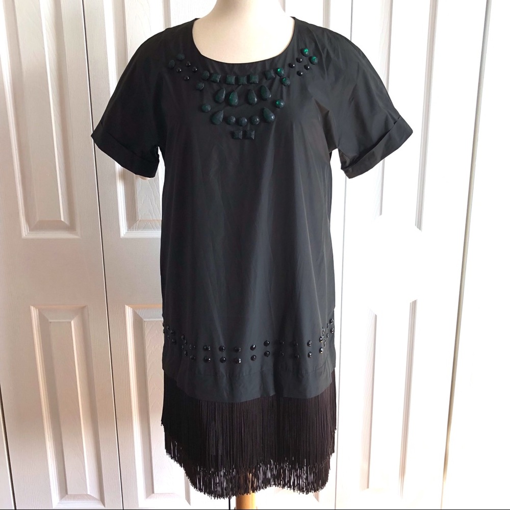 DKNY Bejeweled Fringe Short Sleeve Shift Dress